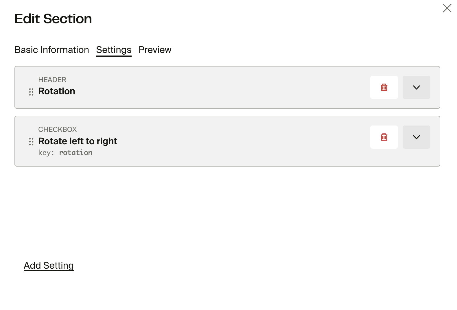 App sections settings
