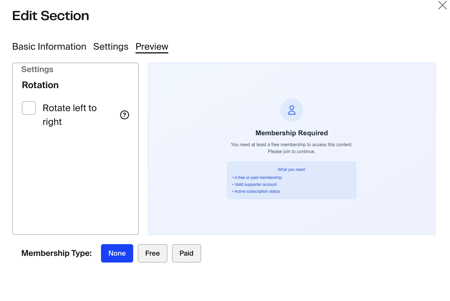App sections settings